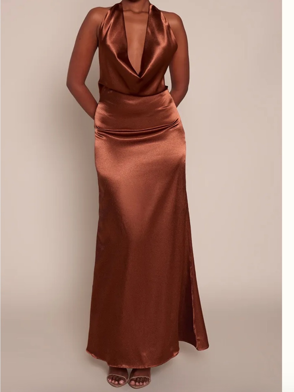 PrettyLittleThing Copper Brown Satin Cowl Maxi Dress